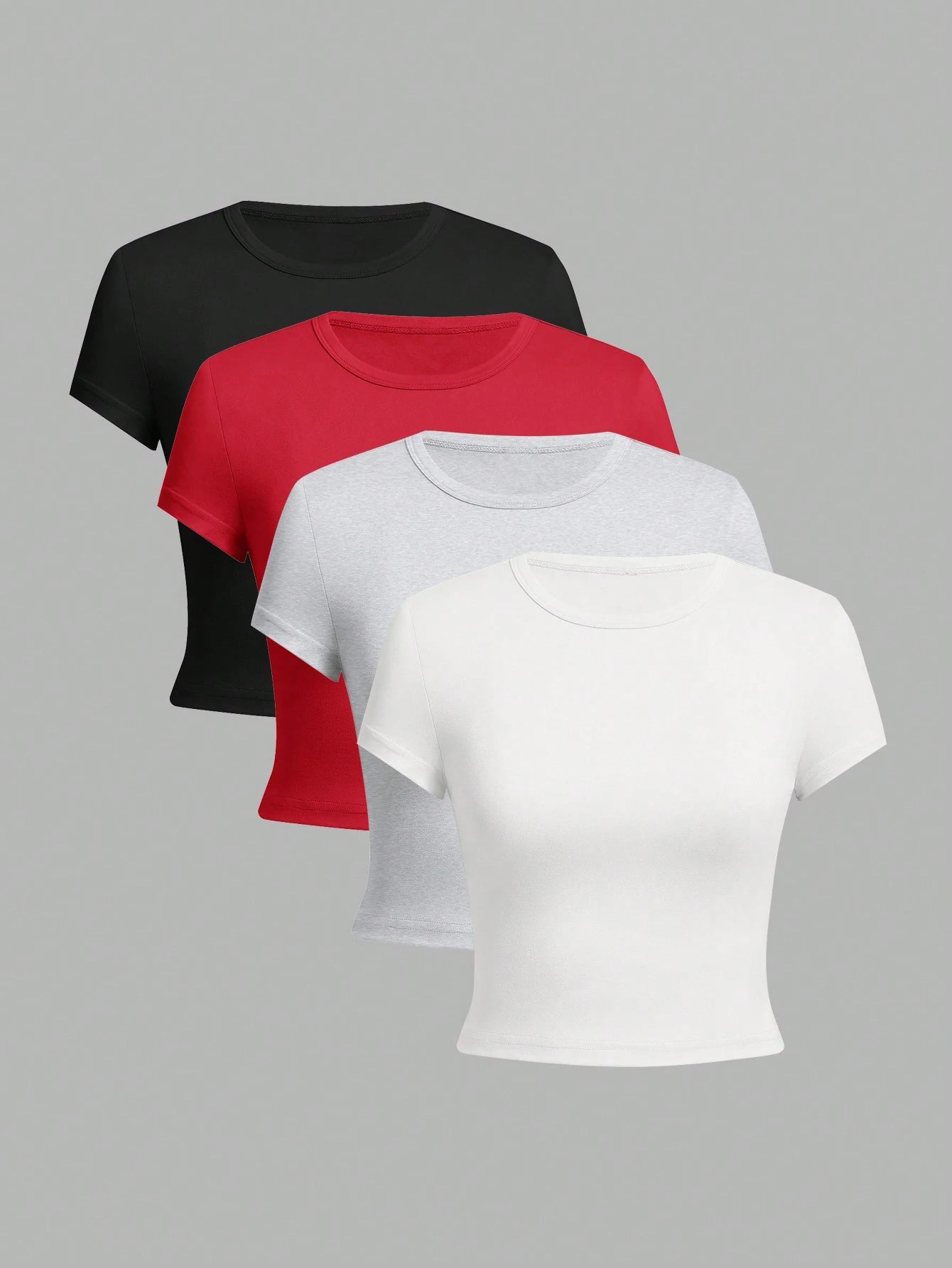 4 pieces Solid color basic short sleeved tight fitting T-shirt for women's casual summer minimalist women's style top O-neck Quick Pick Grocers